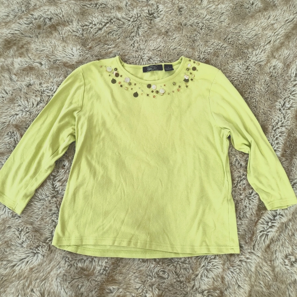 Crystal-Kobe 3/4 Sleeve Sequin Neckline Detail Lime Green Shirt Size Medium